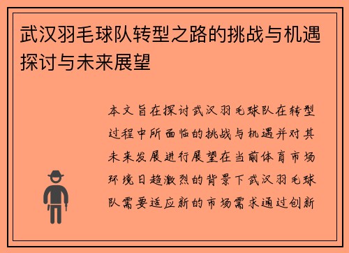 武汉羽毛球队转型之路的挑战与机遇探讨与未来展望