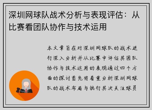 深圳网球队战术分析与表现评估：从比赛看团队协作与技术运用